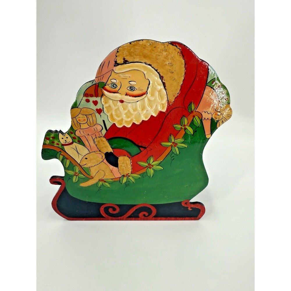 VINTAGE Hand Made/Hand Painted Folk Art Textured Santa Claus Napkin Card Holder